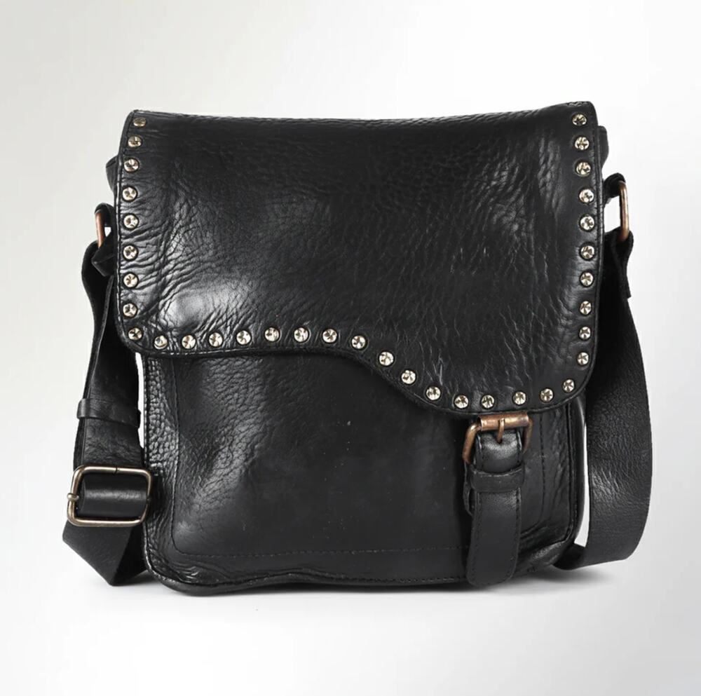 Spaghetti Western Black Leather Studded Envelope Crossbody Bag Festival Y2K Boho